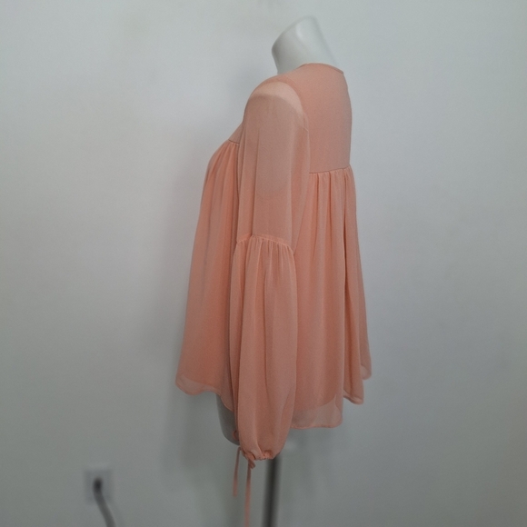 Halston Peach Chiffon Coquette Balletcore Pleated Balloon Sleeve Blouse Size S - Picture 9 of 13